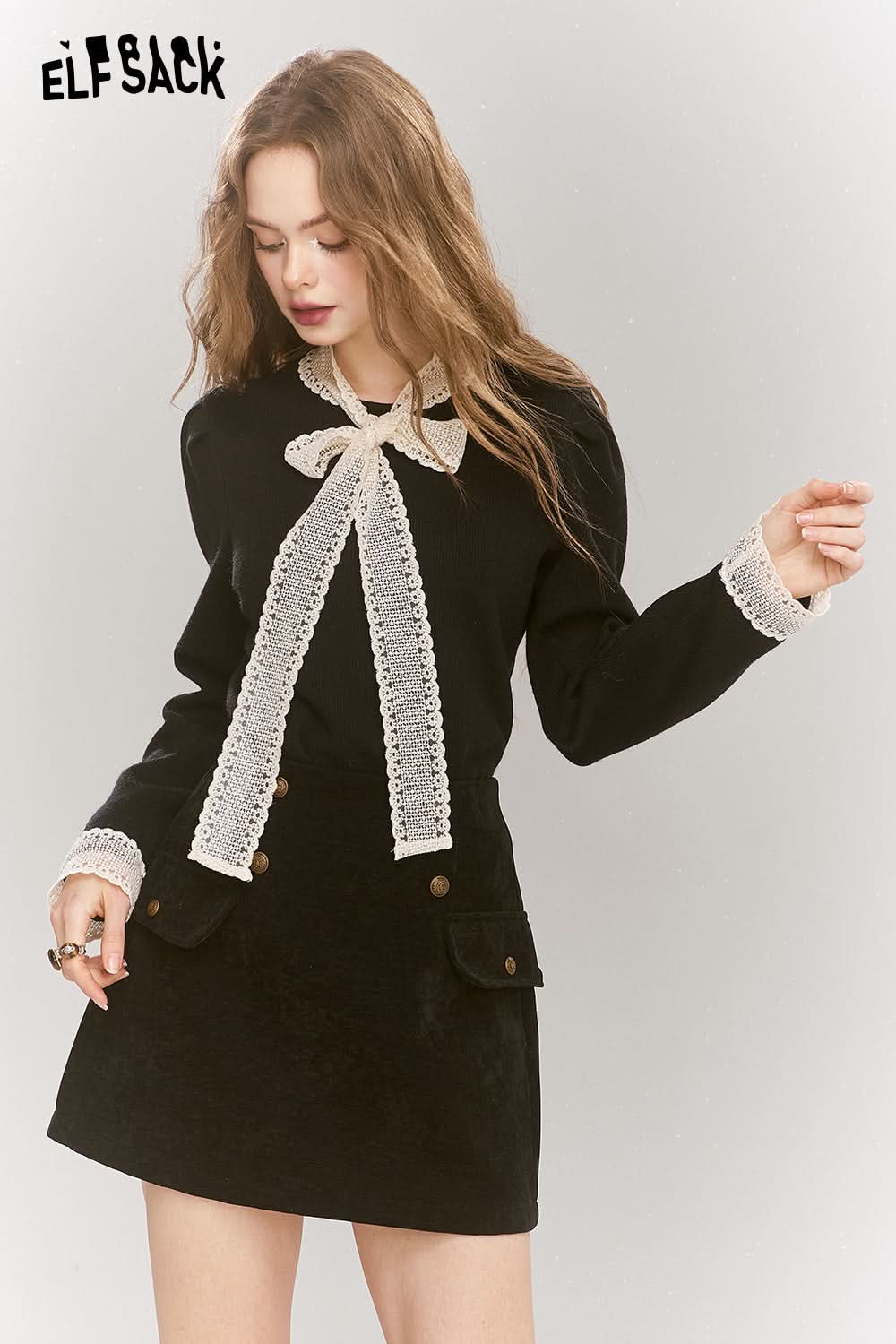 ELFSACK Elegant lace patchwork slim tie bow pearl button French knit sweater