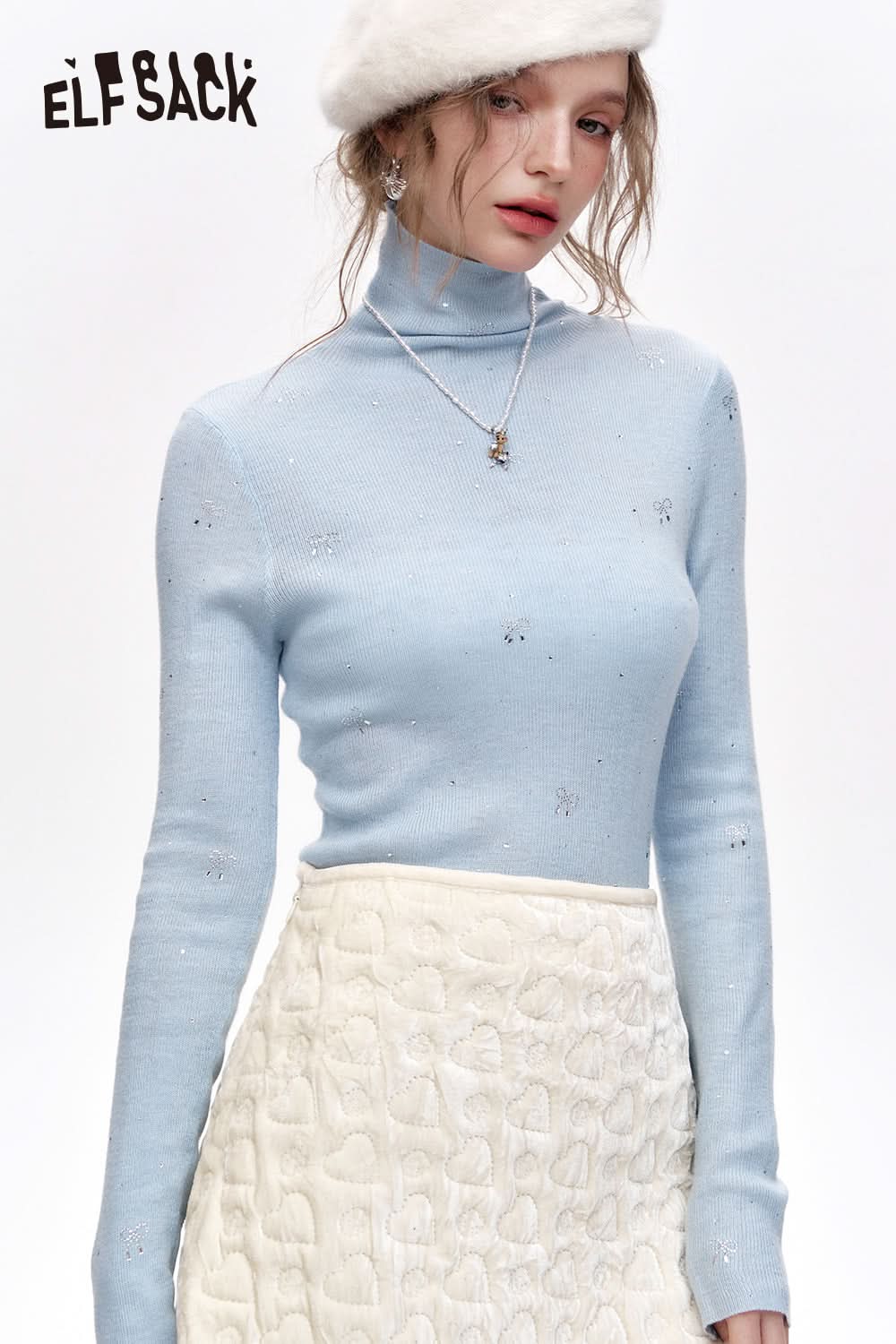 ELFSACK Sweet turtleneck bow fine glitter slim-fitting knitted sweater