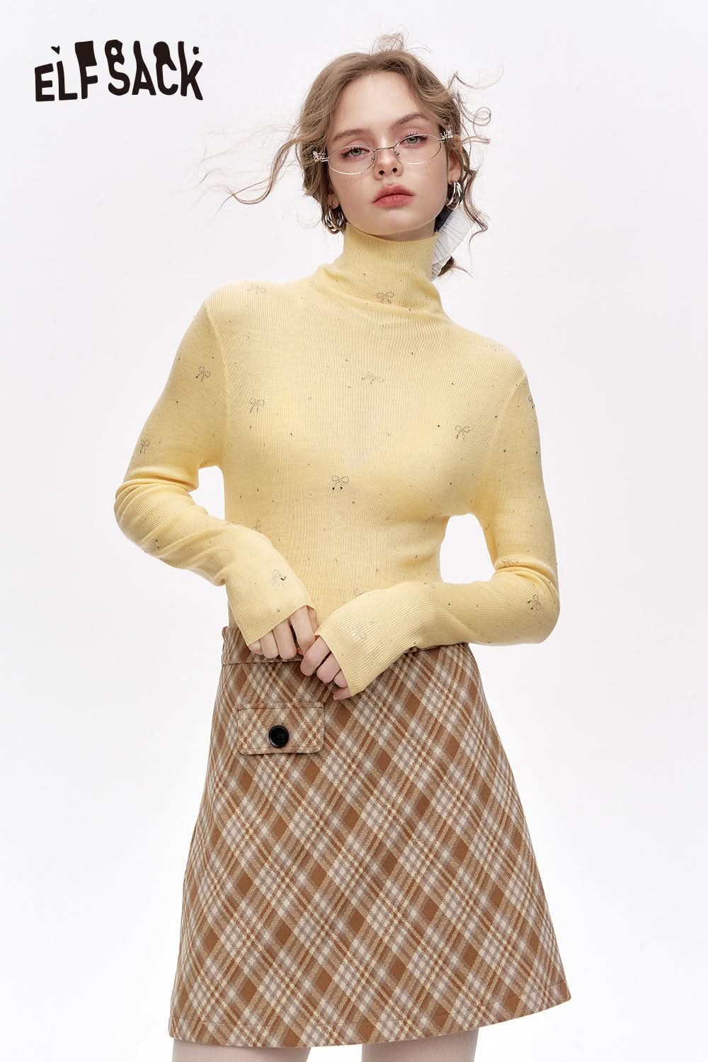 ELFSACK Sweet turtleneck bow fine glitter slim-fitting knitted sweater