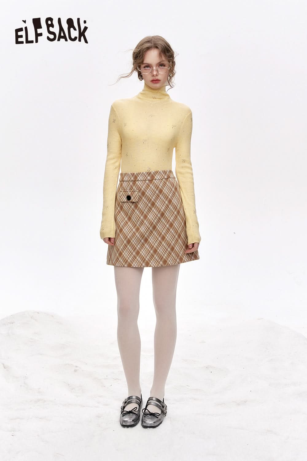 ELFSACK Sweet turtleneck bow fine glitter slim-fitting knitted sweater