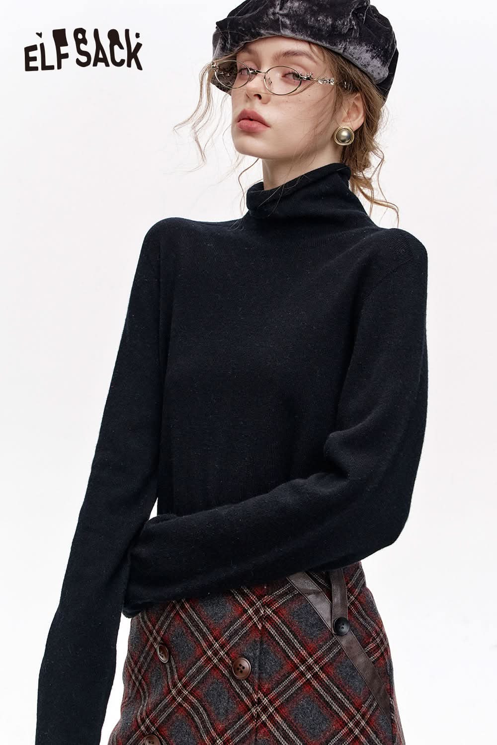 ELFSACK Versatile Half Turtleneck Solid Color Slim Fit 100% Wool Warm Knit Cardigan