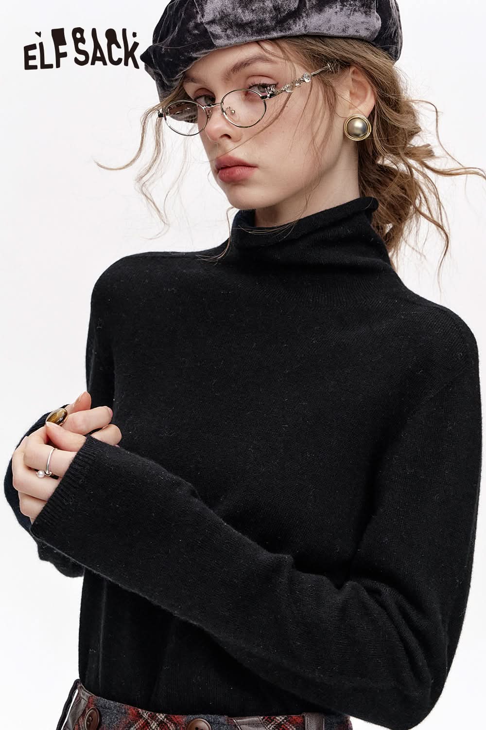 ELFSACK Versatile Half Turtleneck Solid Color Slim Fit 100% Wool Warm Knit Cardigan