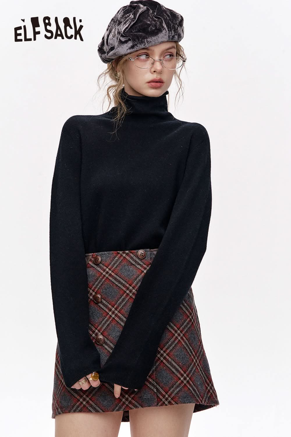 ELFSACK Versatile Half Turtleneck Solid Color Slim Fit 100% Wool Warm Knit Cardigan