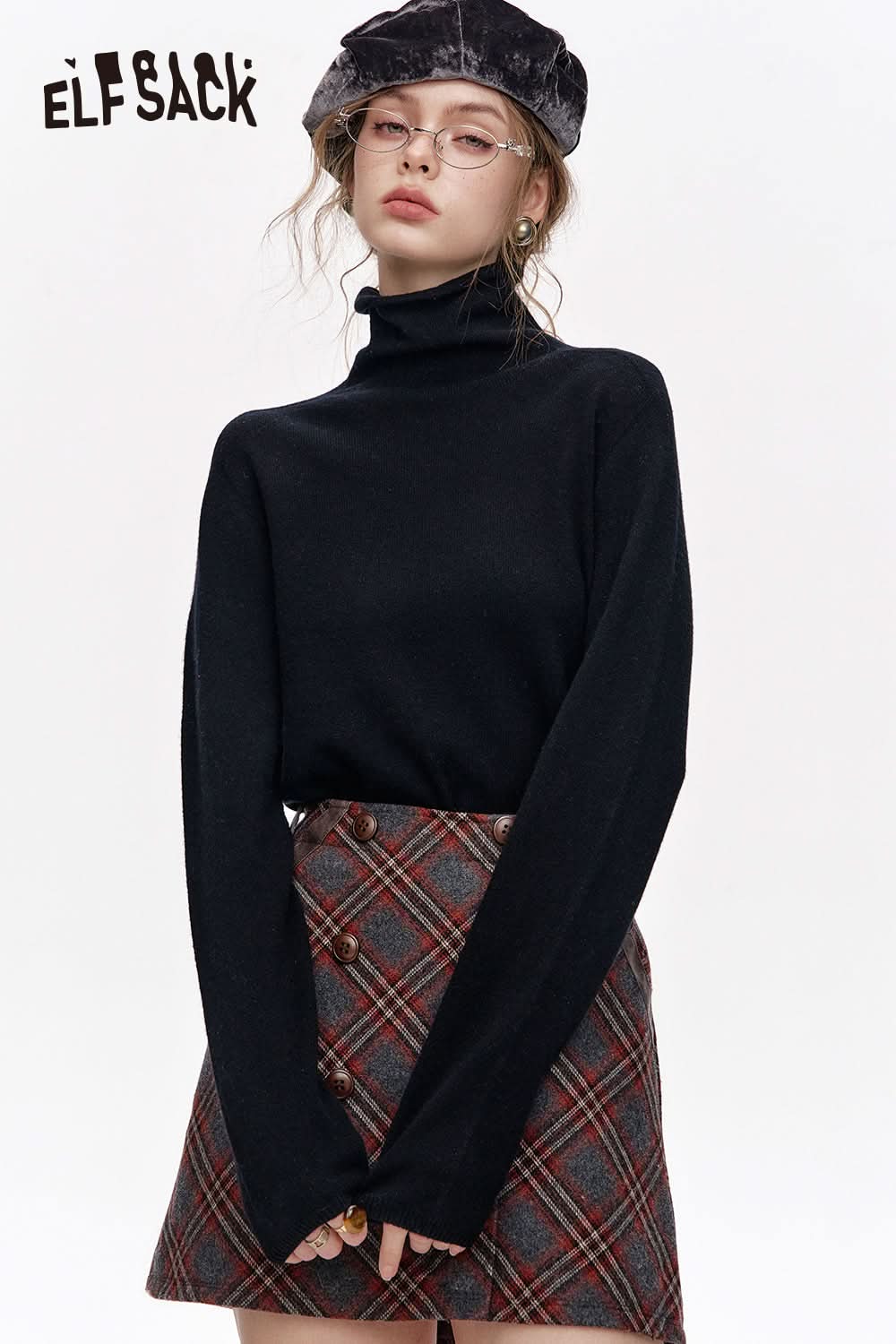 ELFSACK Versatile Half Turtleneck Solid Color Slim Fit 100% Wool Warm Knit Cardigan