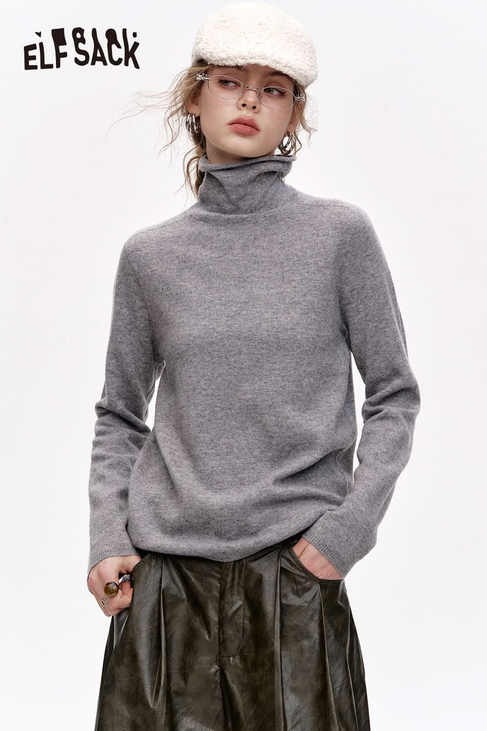 ELFSACK Versatile Half Turtleneck Solid Color Slim Fit 100% Wool Warm Knit Cardigan