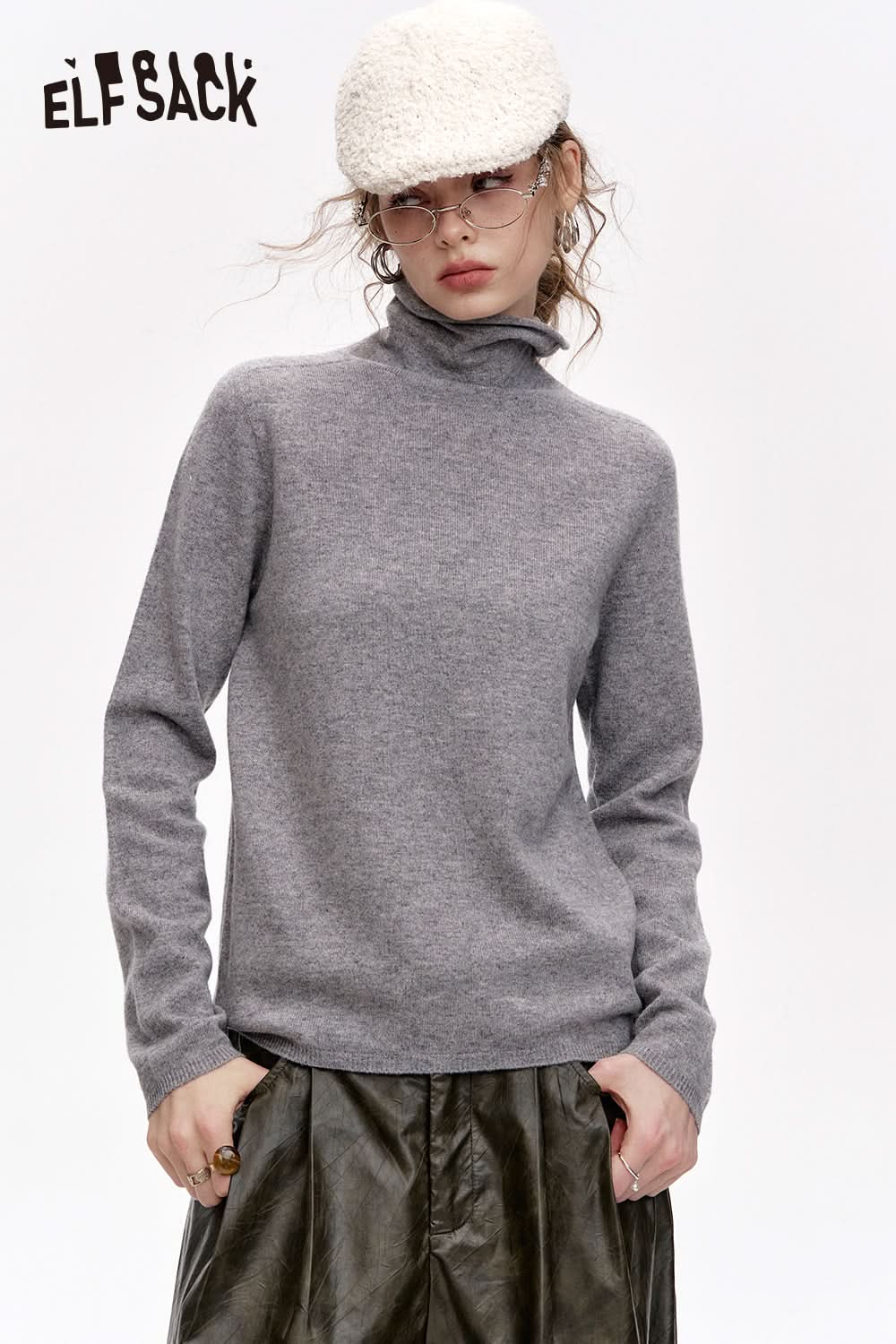 ELFSACK Versatile Half Turtleneck Solid Color Slim Fit 100% Wool Warm Knit Cardigan