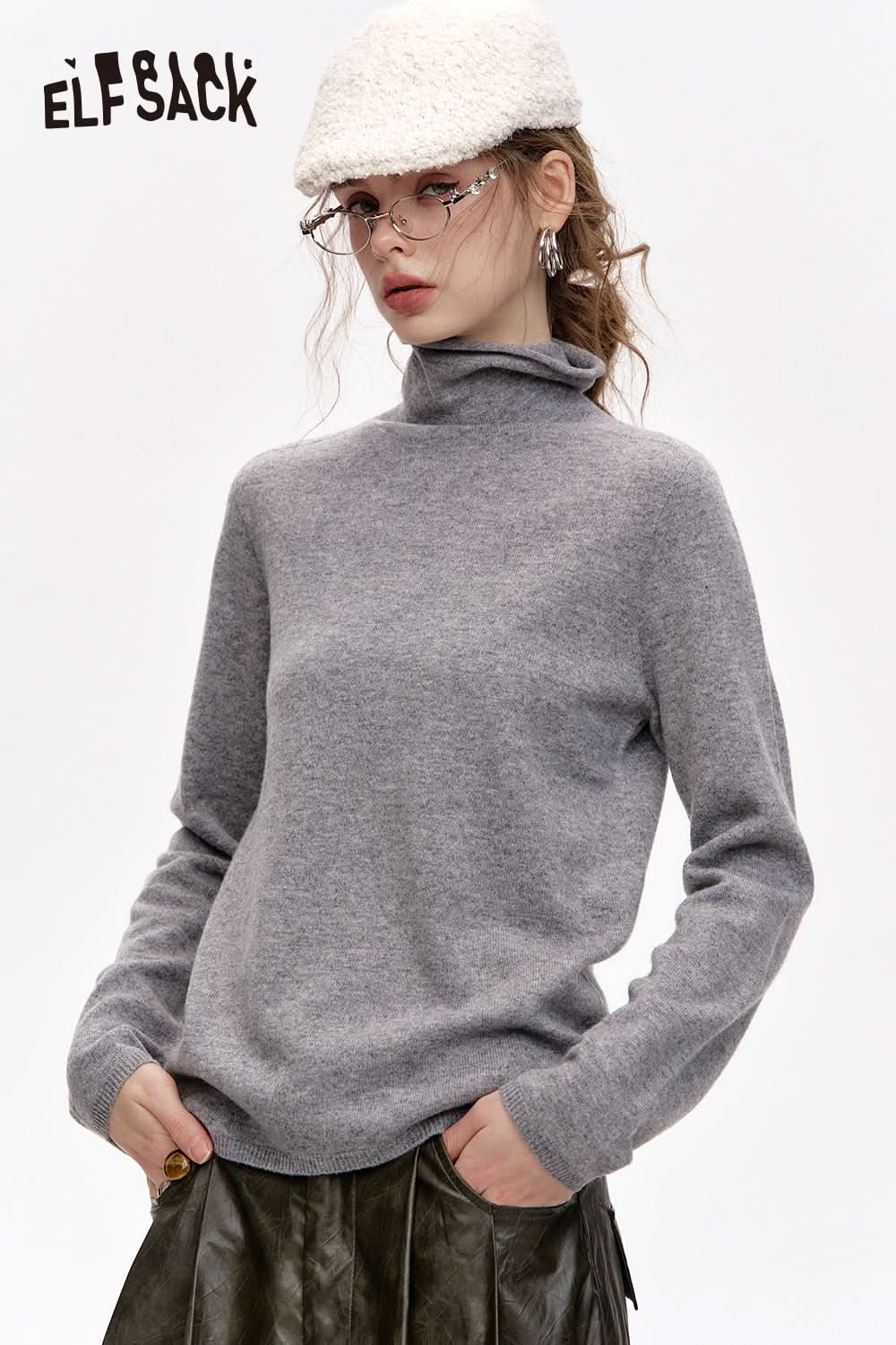 ELFSACK Versatile Half Turtleneck Solid Color Slim Fit 100% Wool Warm Knit Cardigan