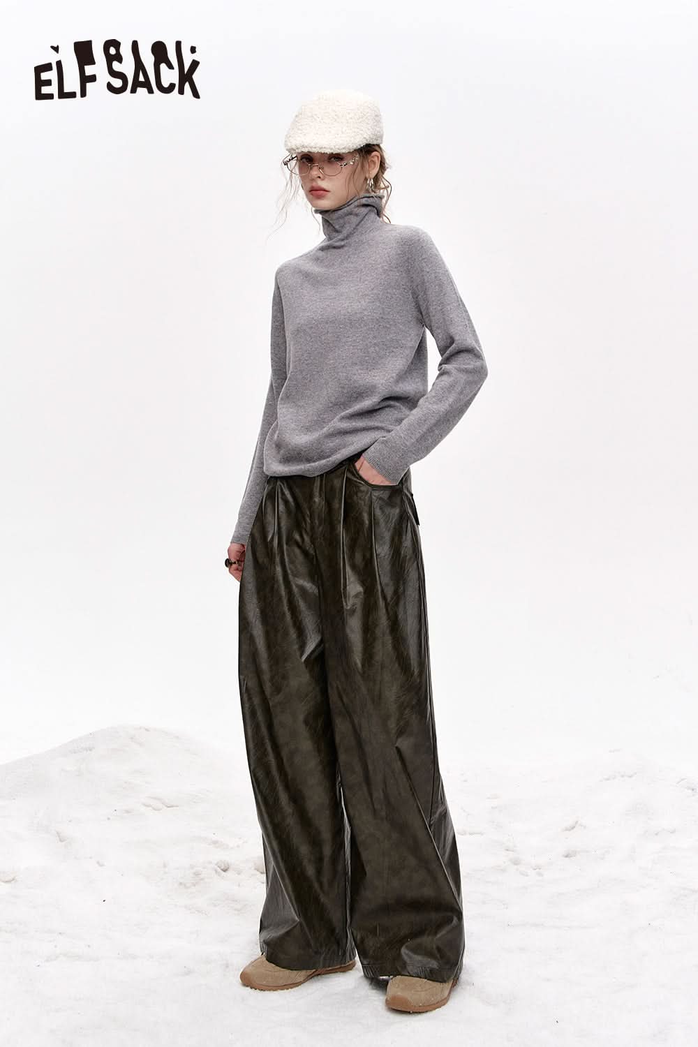 ELFSACK Versatile Half Turtleneck Solid Color Slim Fit 100% Wool Warm Knit Cardigan