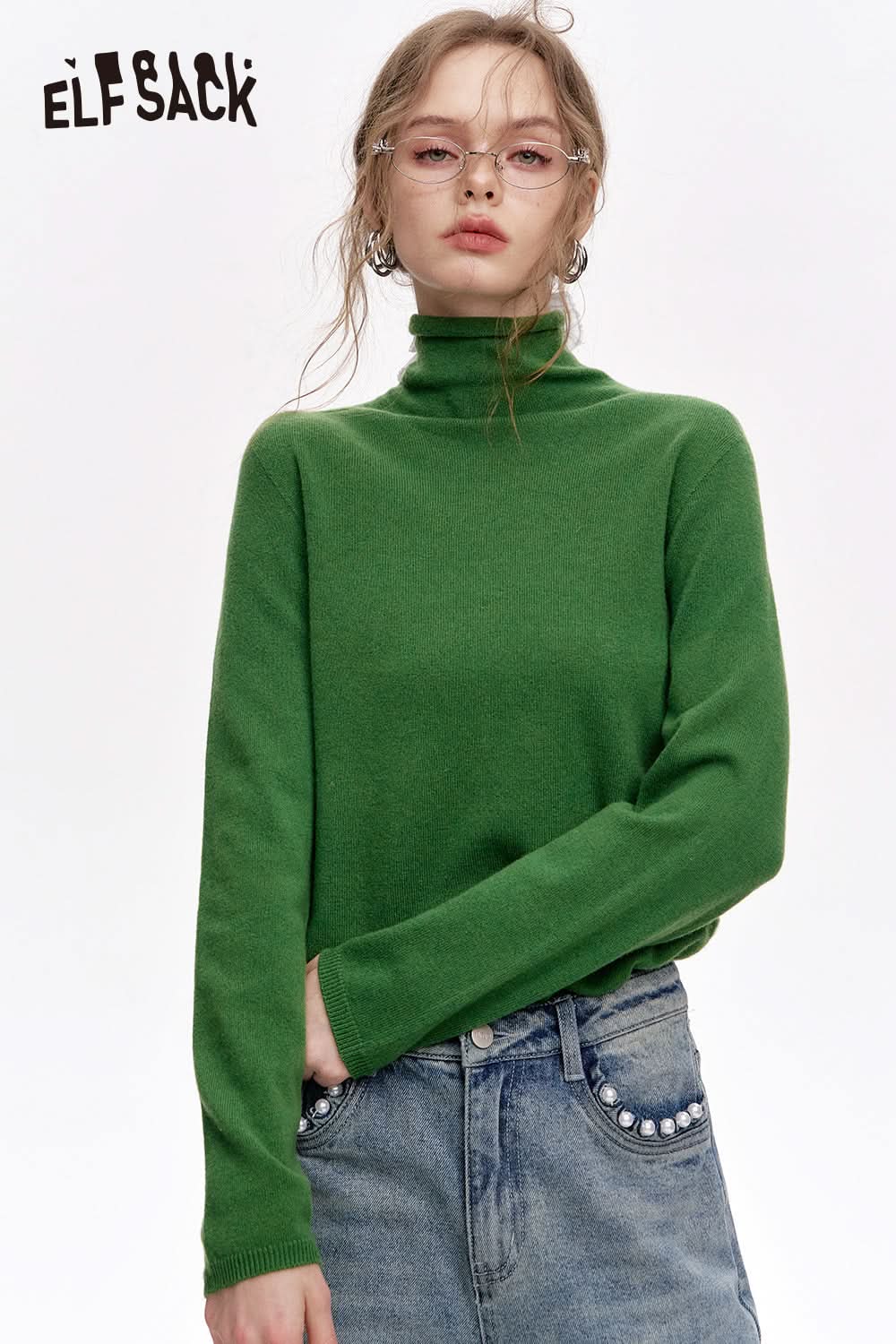 ELFSACK Versatile Half Turtleneck Solid Color Slim Fit 100% Wool Warm Knit Cardigan