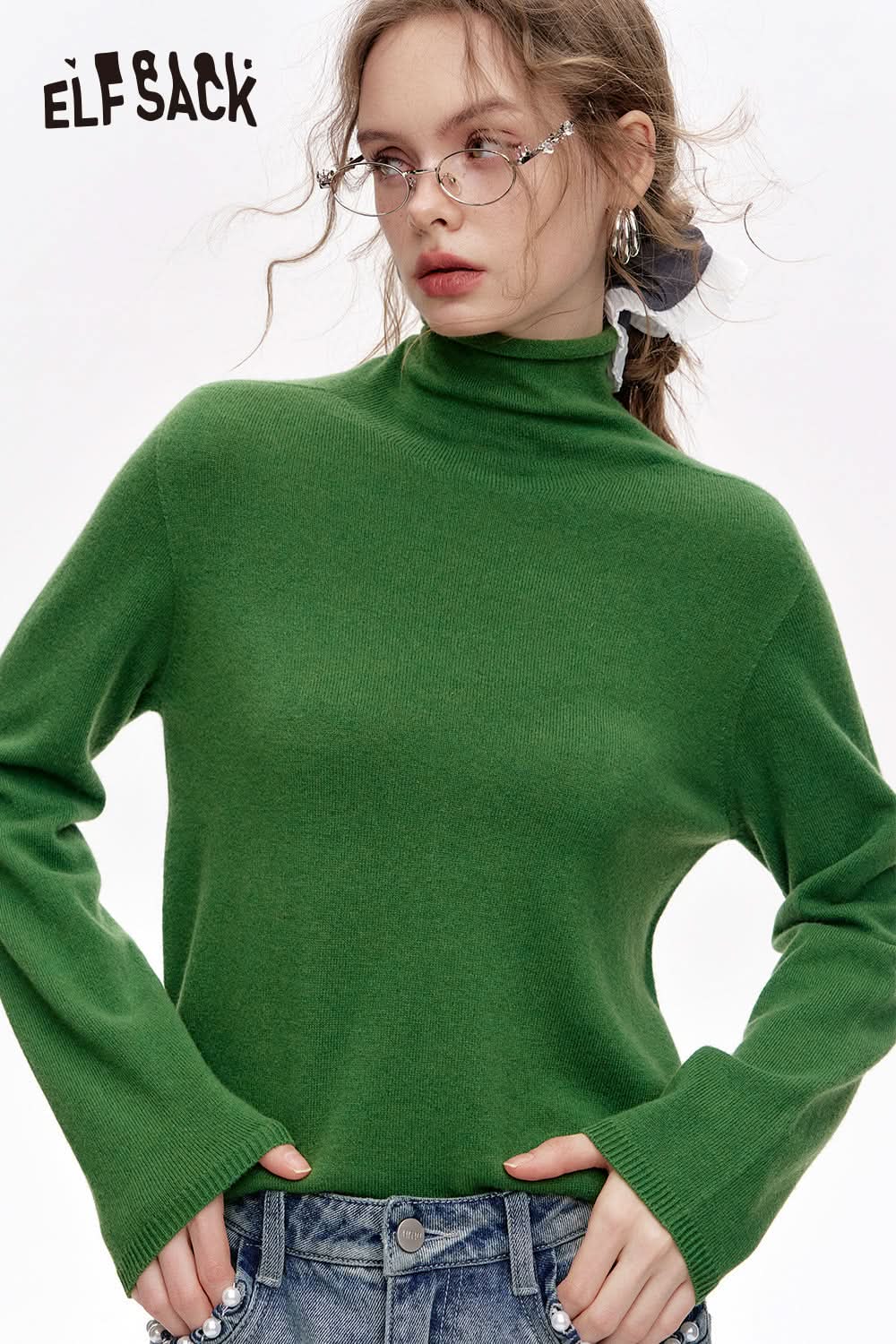 ELFSACK Versatile Half Turtleneck Solid Color Slim Fit 100% Wool Warm Knit Cardigan