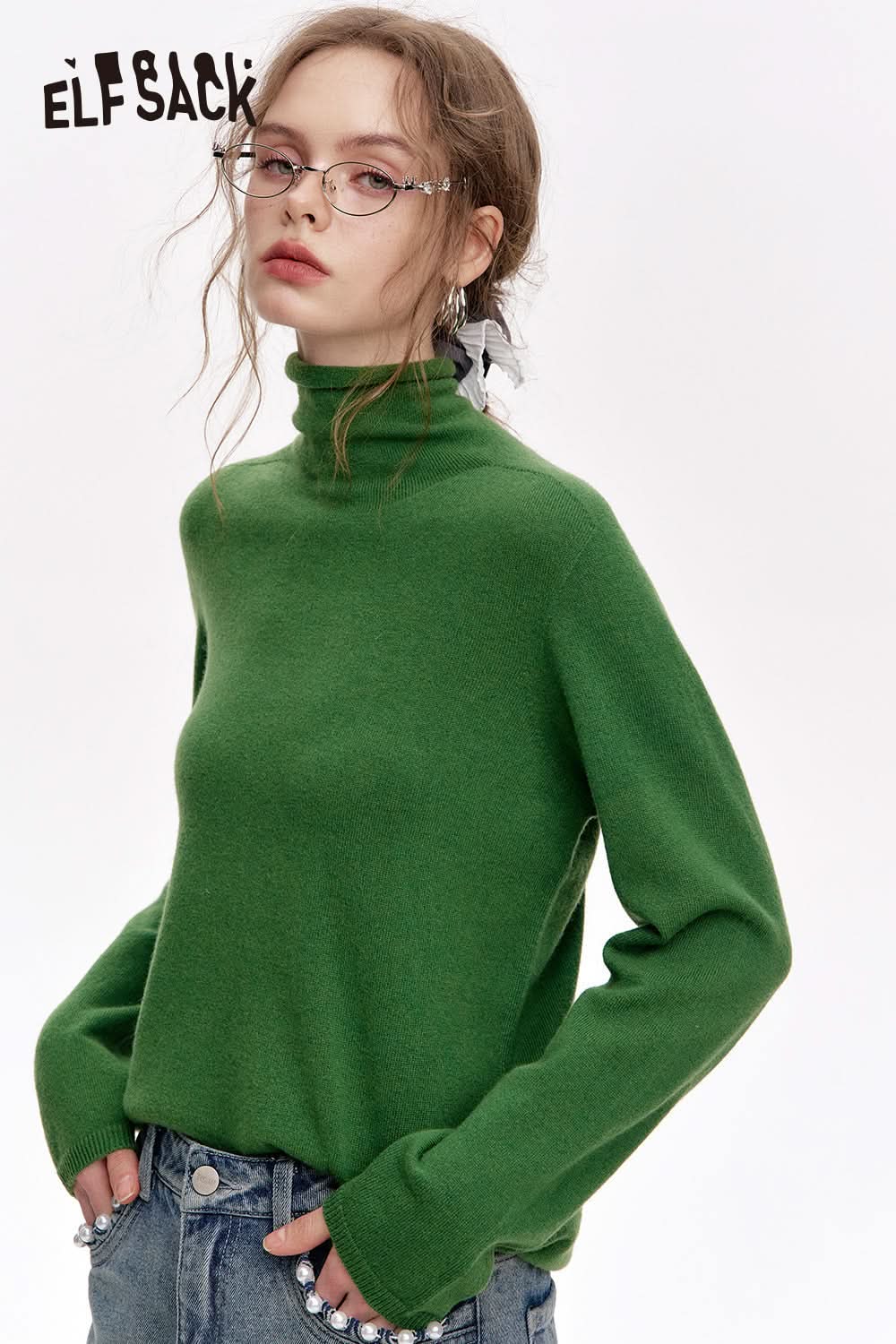 ELFSACK Versatile Half Turtleneck Solid Color Slim Fit 100% Wool Warm Knit Cardigan