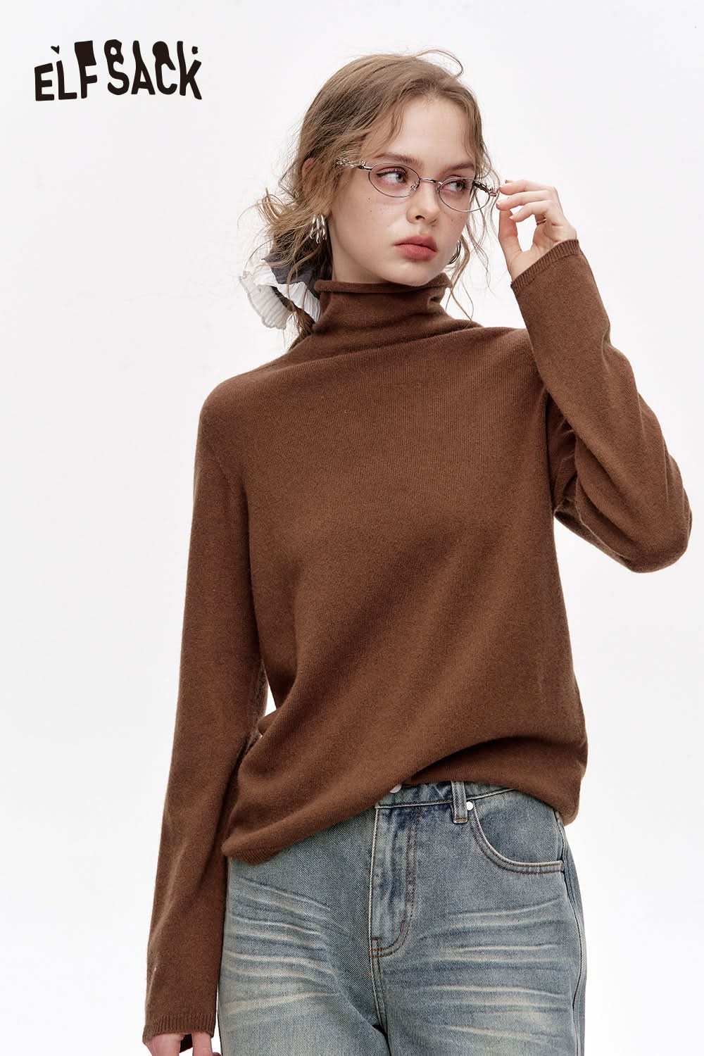 ELFSACK Versatile Half Turtleneck Solid Color Slim Fit 100% Wool Warm Knit Cardigan