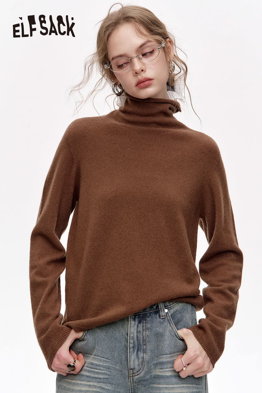 ELFSACK Versatile Half Turtleneck Solid Color Slim Fit 100% Wool Warm Knit Cardigan