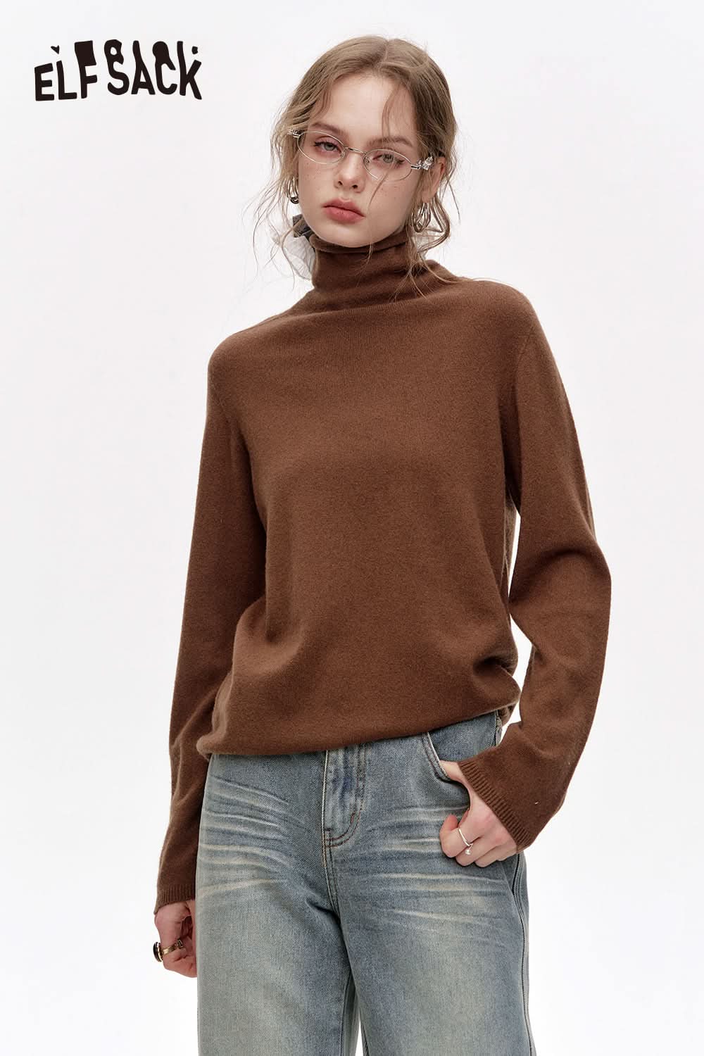 ELFSACK Versatile Half Turtleneck Solid Color Slim Fit 100% Wool Warm Knit Cardigan