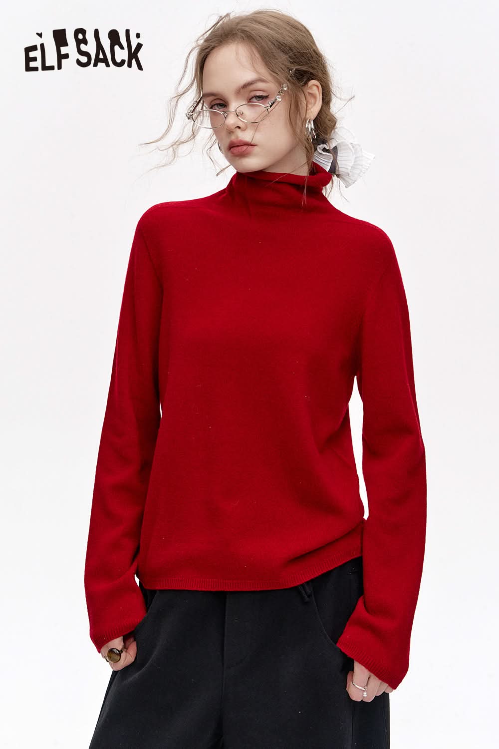 ELFSACK Versatile Half Turtleneck Solid Color Slim Fit 100% Wool Warm Knit Cardigan