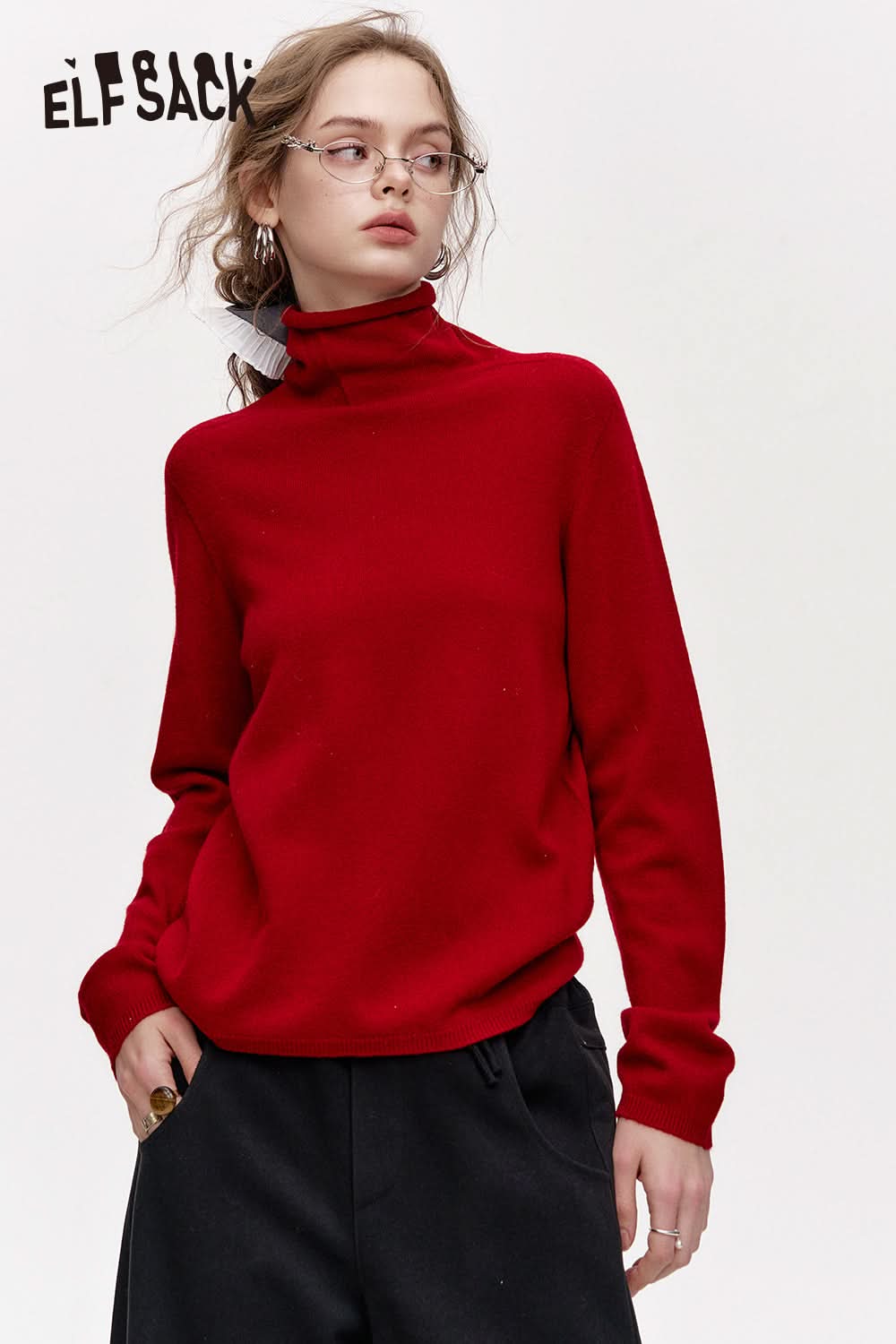 ELFSACK Versatile Half Turtleneck Solid Color Slim Fit 100% Wool Warm Knit Cardigan