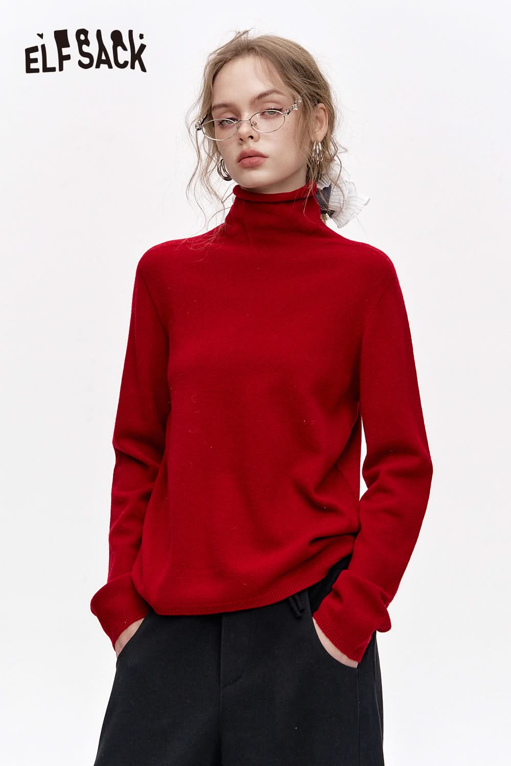 ELFSACK Versatile Half Turtleneck Solid Color Slim Fit 100% Wool Warm Knit Cardigan