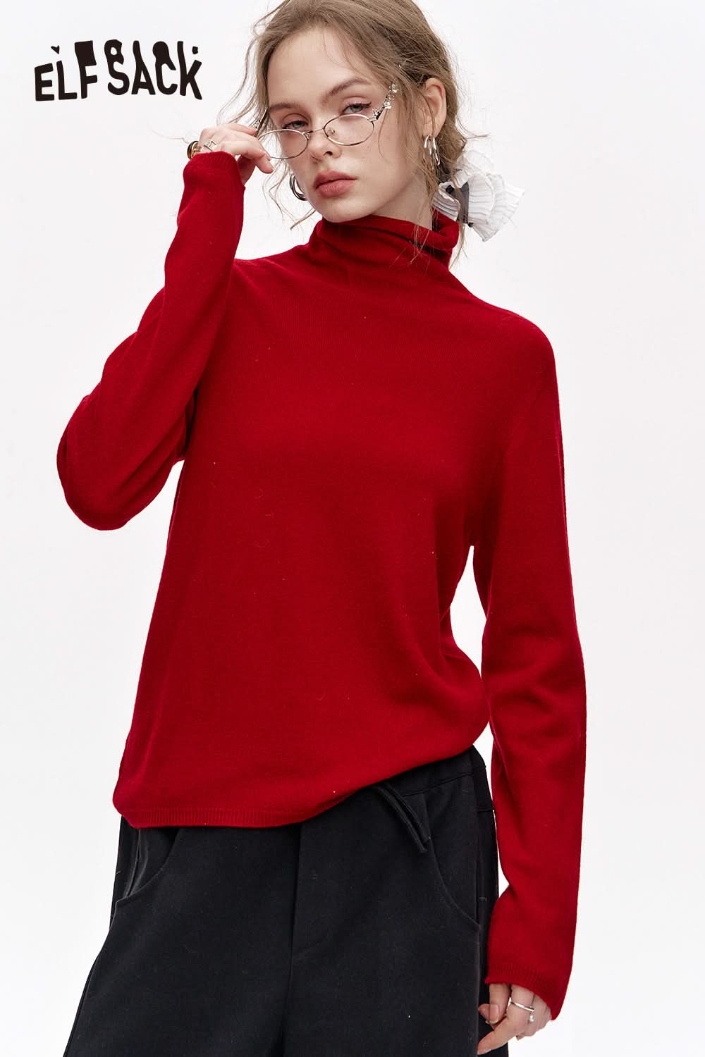 ELFSACK Versatile Half Turtleneck Solid Color Slim Fit 100% Wool Warm Knit Cardigan