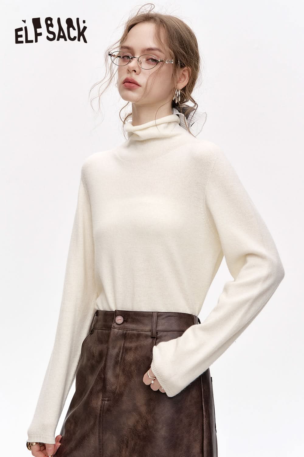 ELFSACK Versatile Half Turtleneck Solid Color Slim Fit 100% Wool Warm Knit Cardigan