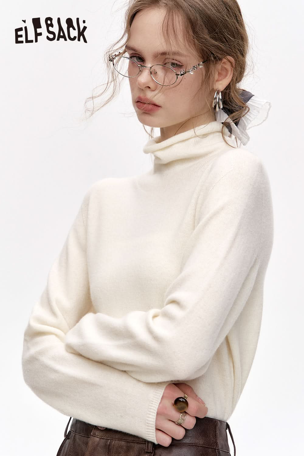 ELFSACK Versatile Half Turtleneck Solid Color Slim Fit 100% Wool Warm Knit Cardigan