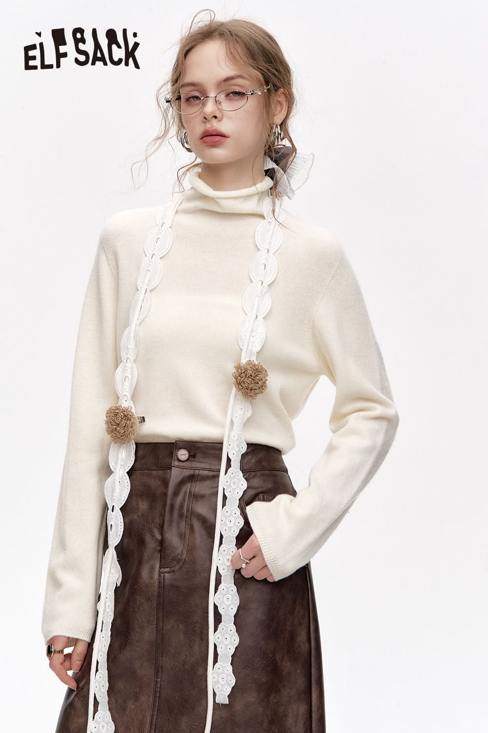 ELFSACK Versatile Half Turtleneck Solid Color Slim Fit 100% Wool Warm Knit Cardigan