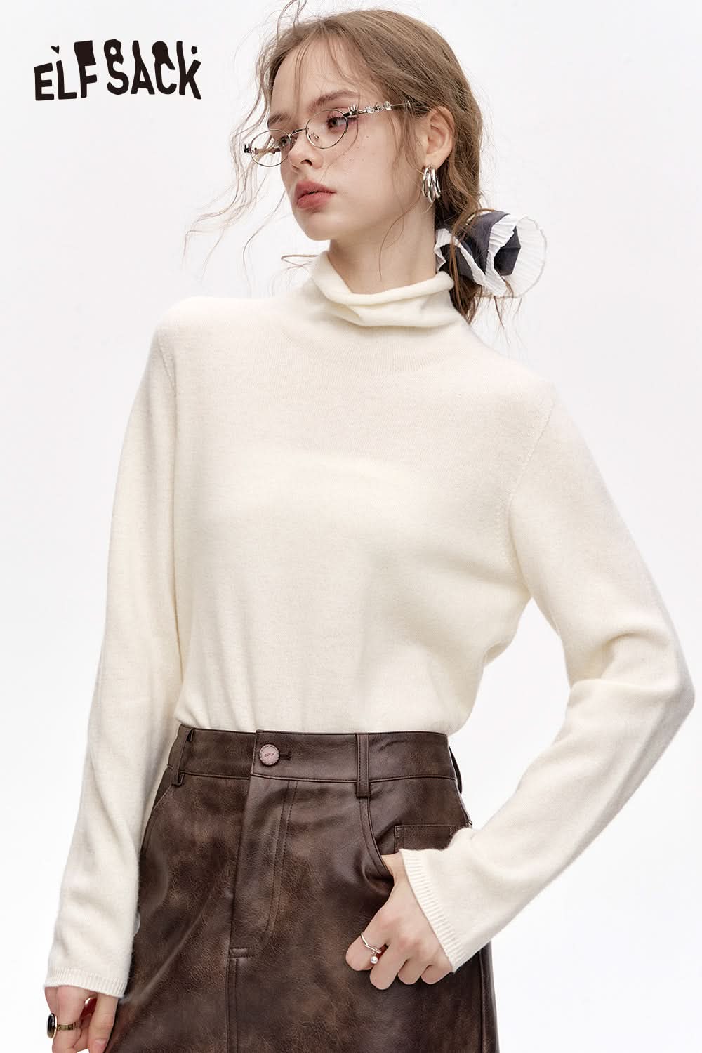 ELFSACK Versatile Half Turtleneck Solid Color Slim Fit 100% Wool Warm Knit Cardigan