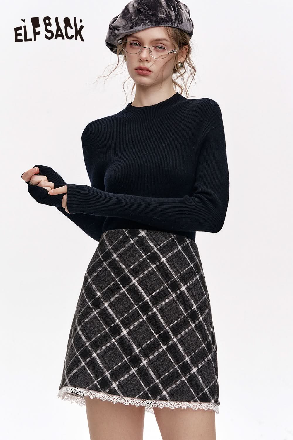 ELFSACK 100% wool half turtleneck solid color long sleeves sweater