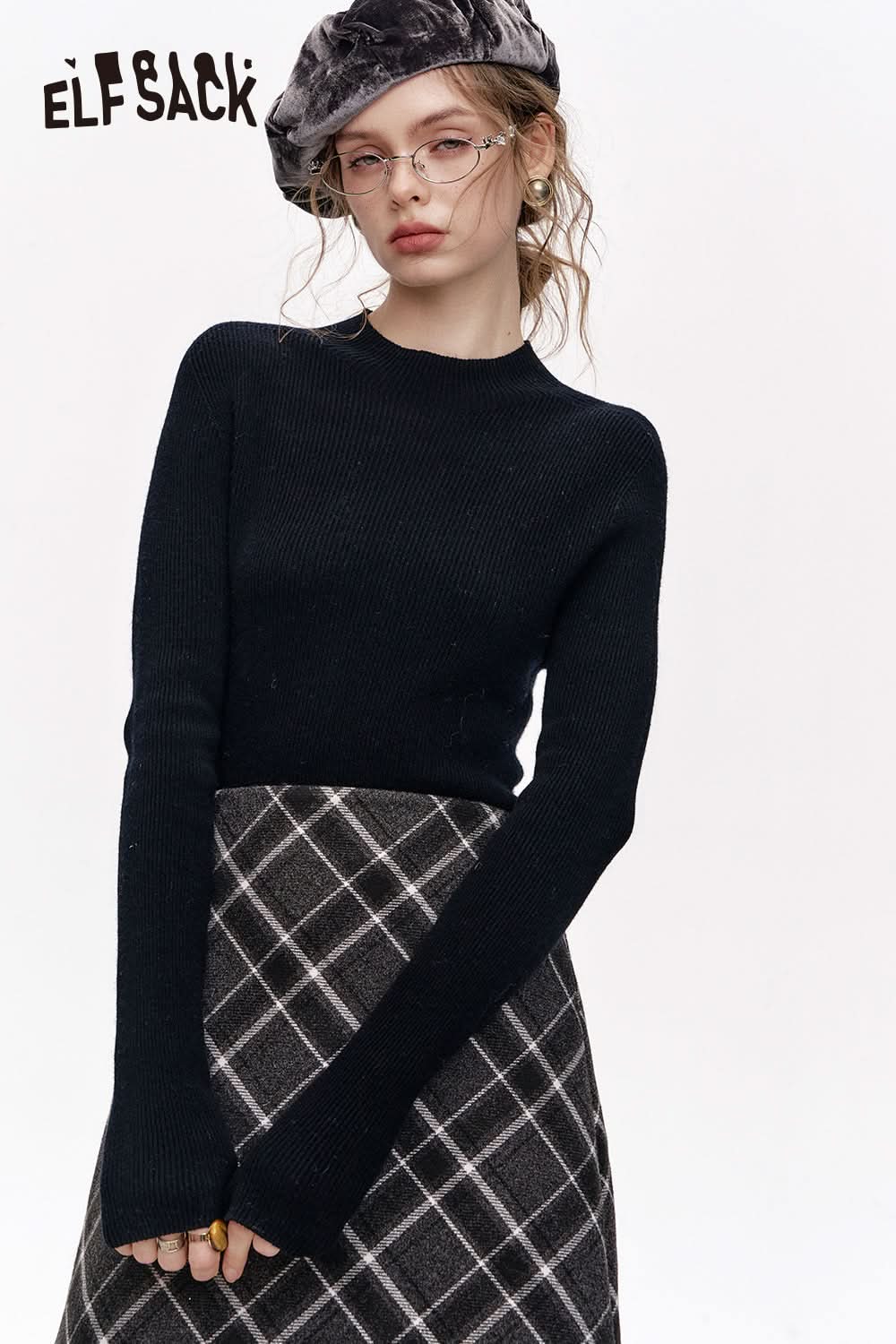 ELFSACK 100% wool half turtleneck solid color long sleeves sweater