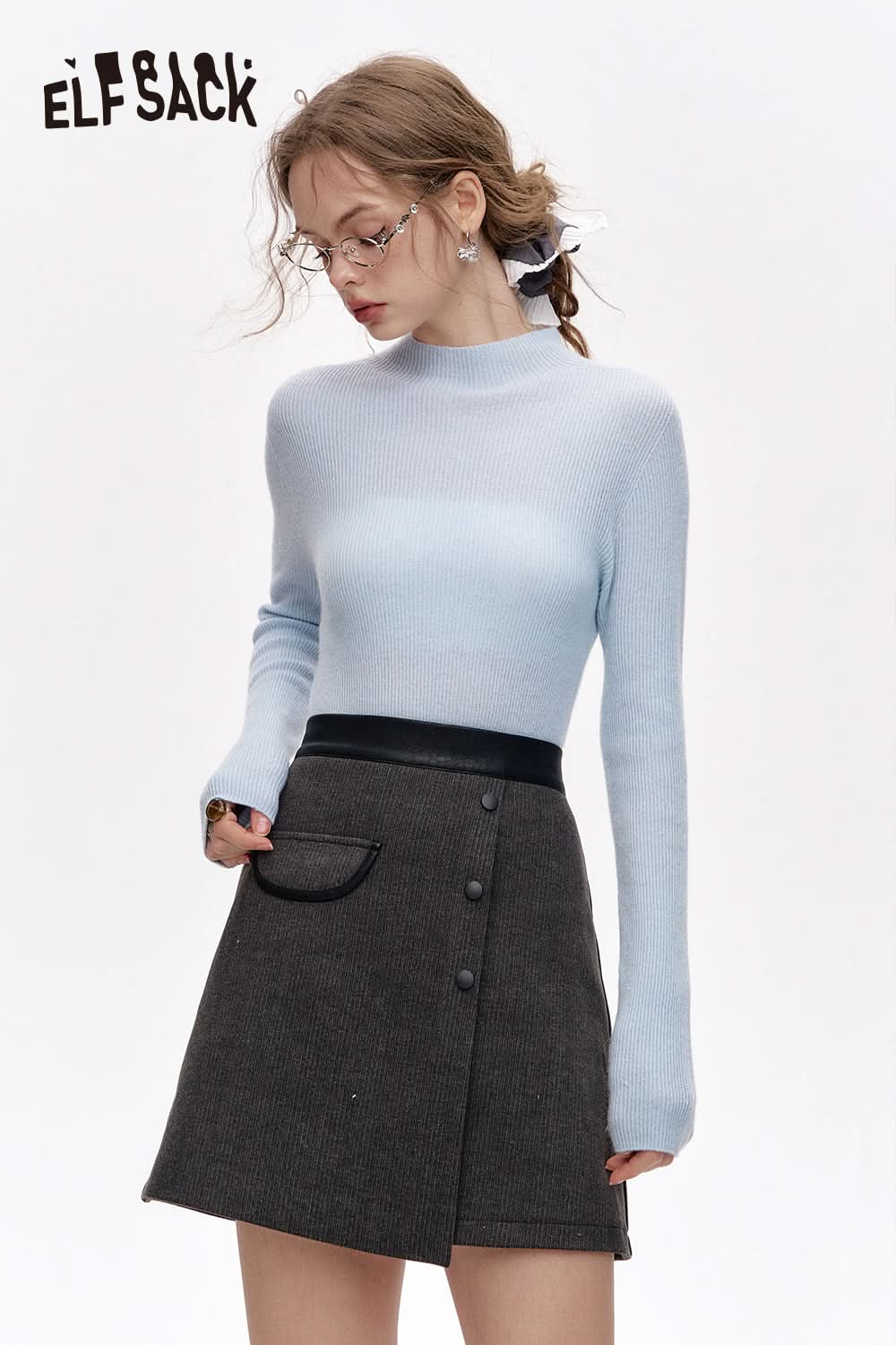 ELFSACK 100% wool half turtleneck solid color long sleeves sweater