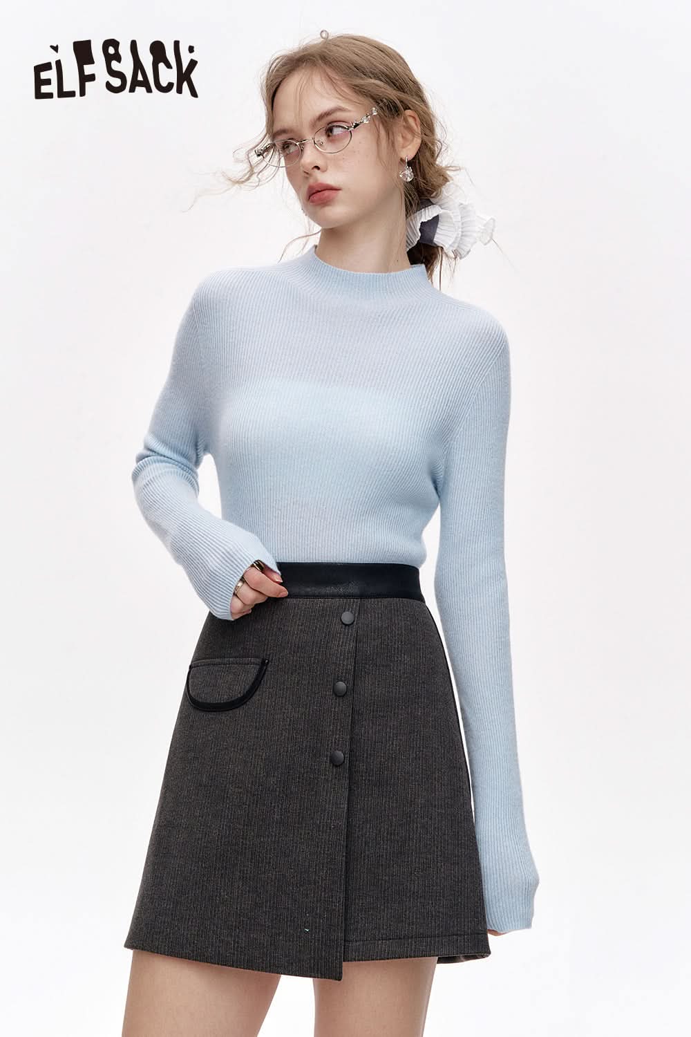 ELFSACK 100% wool half turtleneck solid color long sleeves sweater