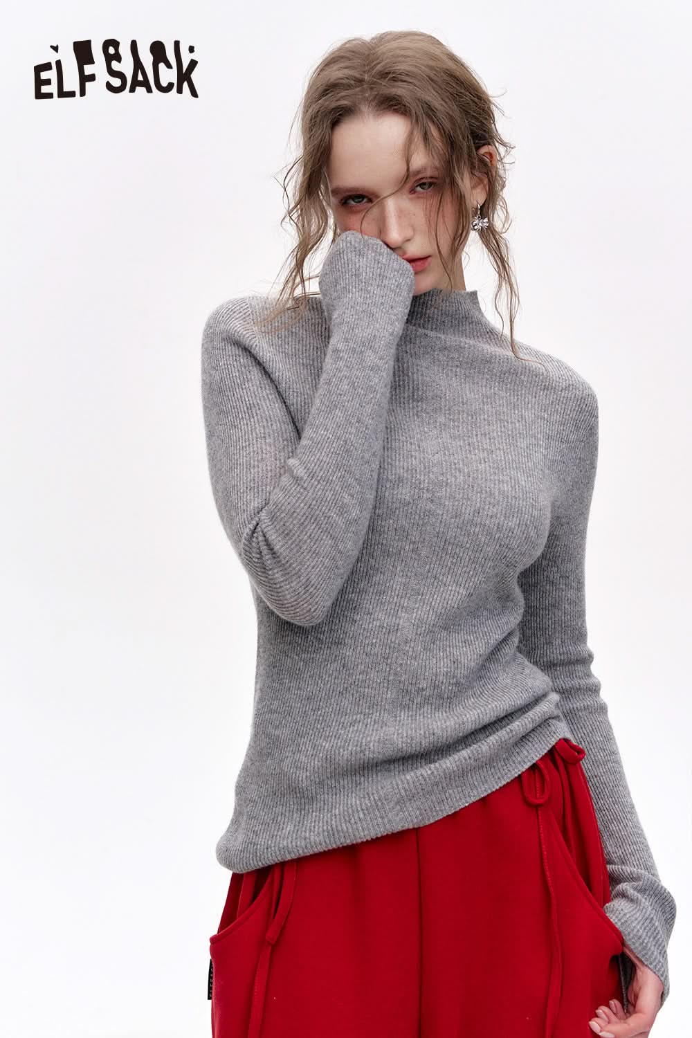 ELFSACK 100% wool half turtleneck solid color long sleeves sweater