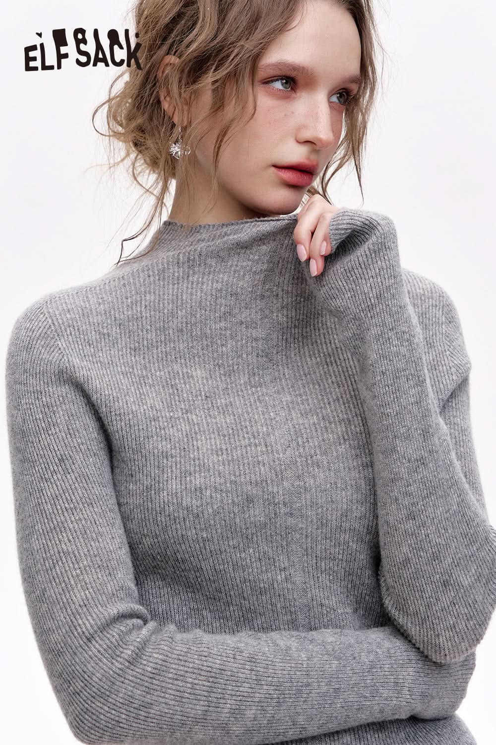 ELFSACK 100% wool half turtleneck solid color long sleeves sweater
