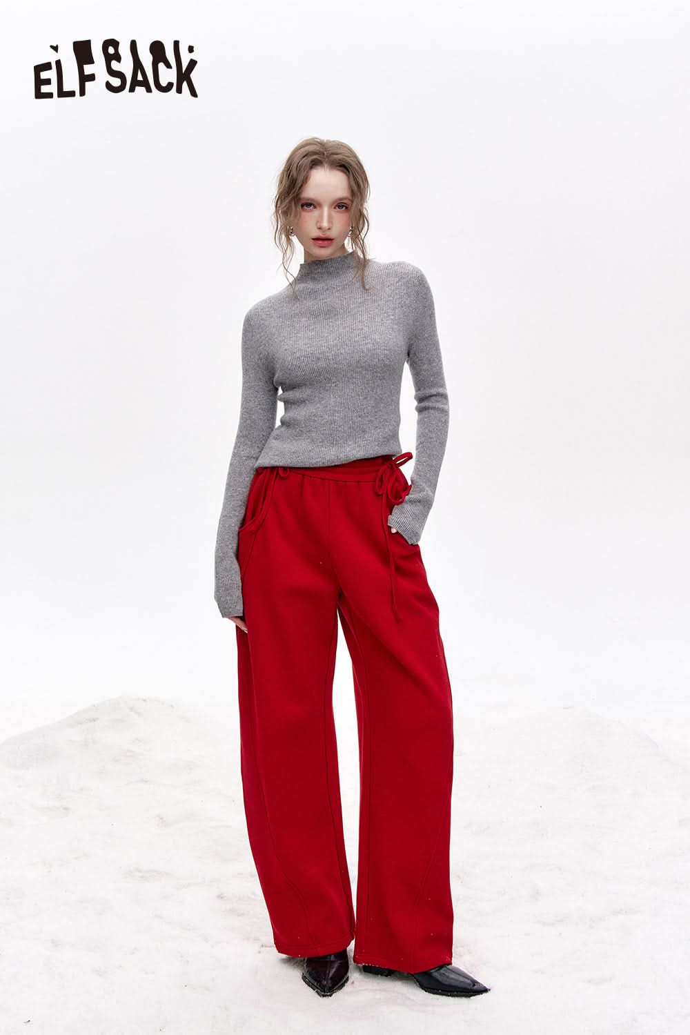 ELFSACK 100% wool half turtleneck solid color long sleeves sweater