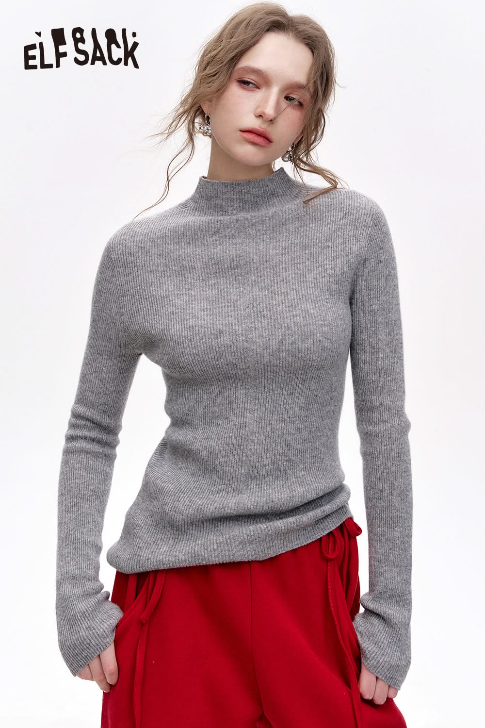 ELFSACK 100% wool half turtleneck solid color long sleeves sweater