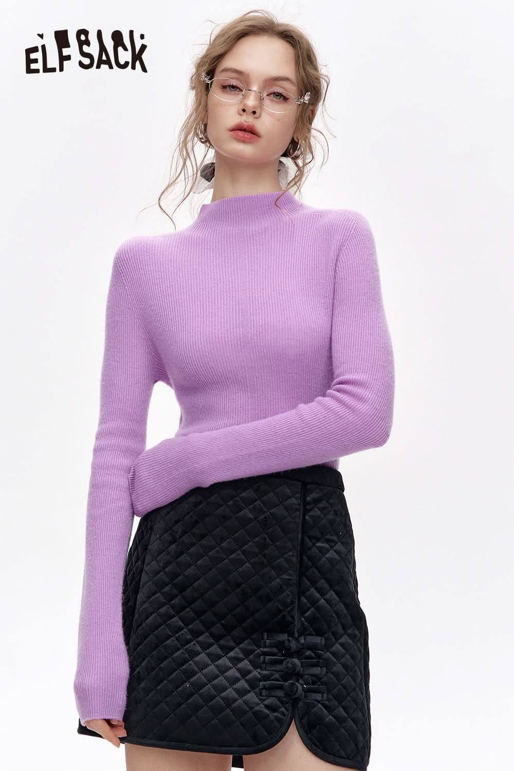 ELFSACK 100% wool half turtleneck solid color long sleeves sweater