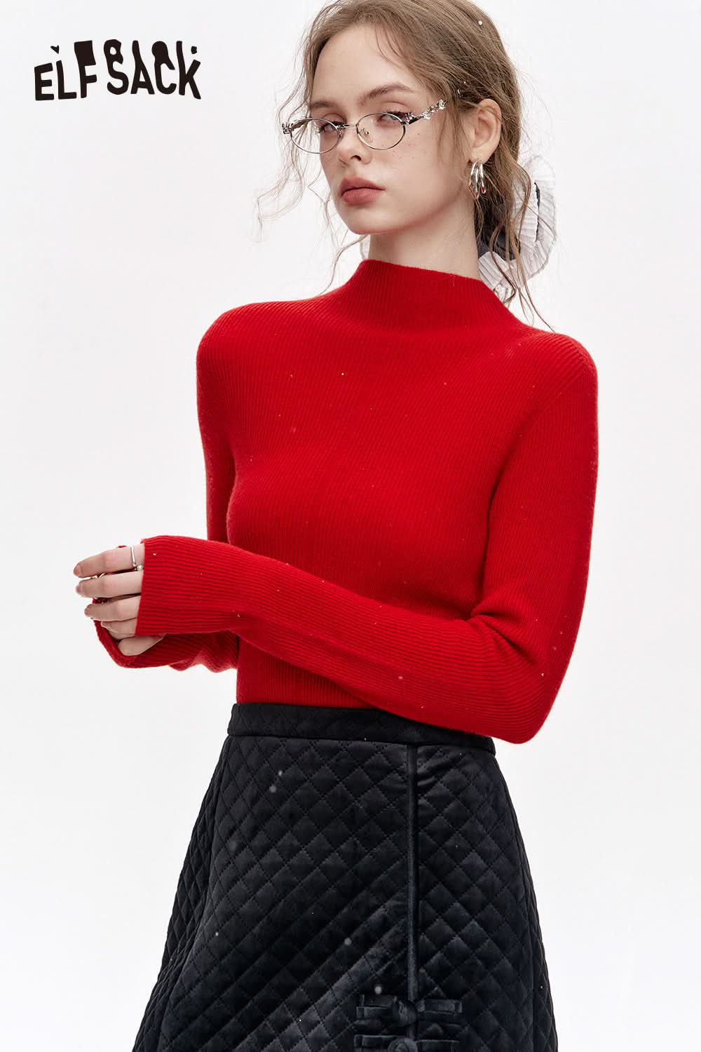 ELFSACK 100% wool half turtleneck solid color long sleeves sweater