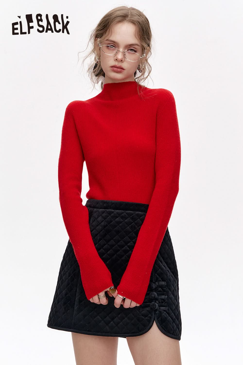 ELFSACK 100% wool half turtleneck solid color long sleeves sweater