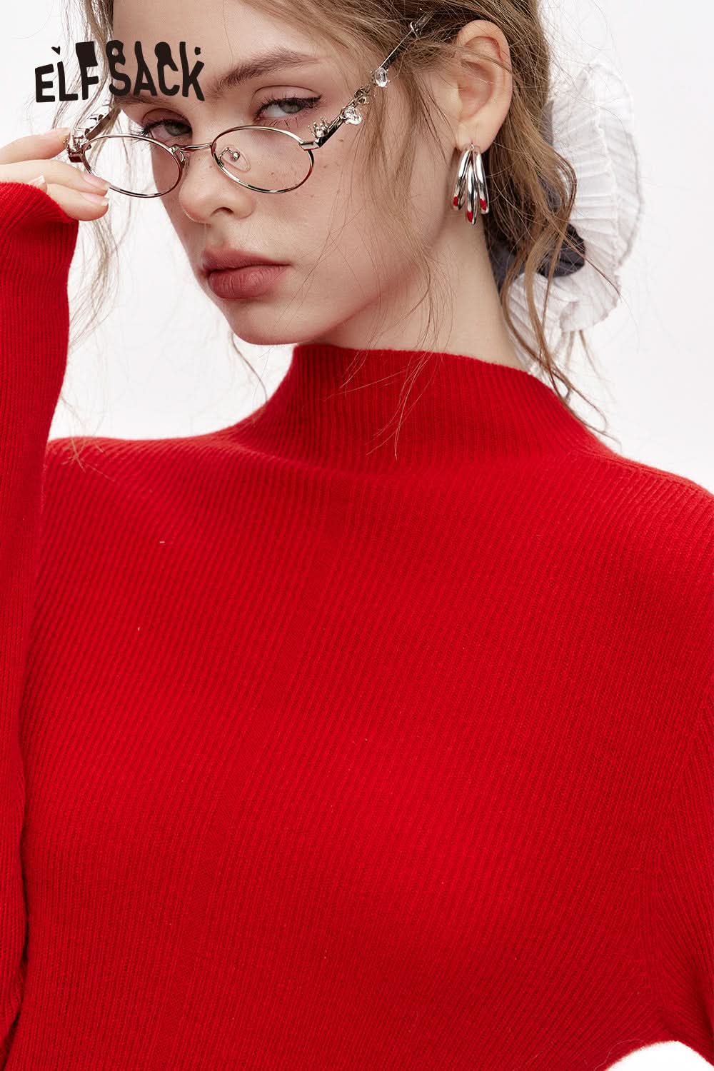 ELFSACK 100% wool half turtleneck solid color long sleeves sweater