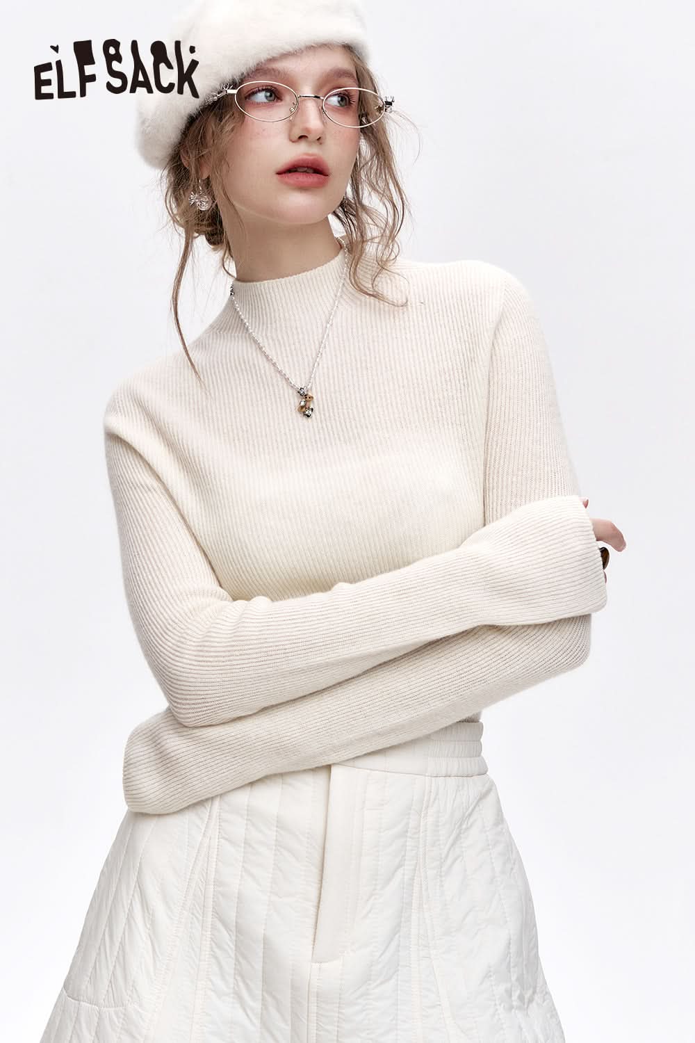 ELFSACK 100% wool half turtleneck solid color long sleeves sweater