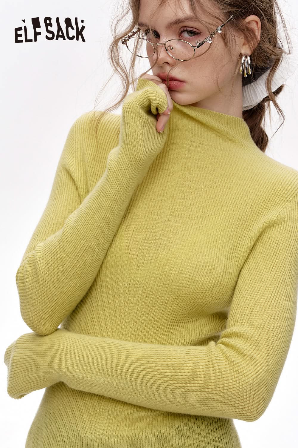 ELFSACK 100% wool half turtleneck solid color long sleeves sweater