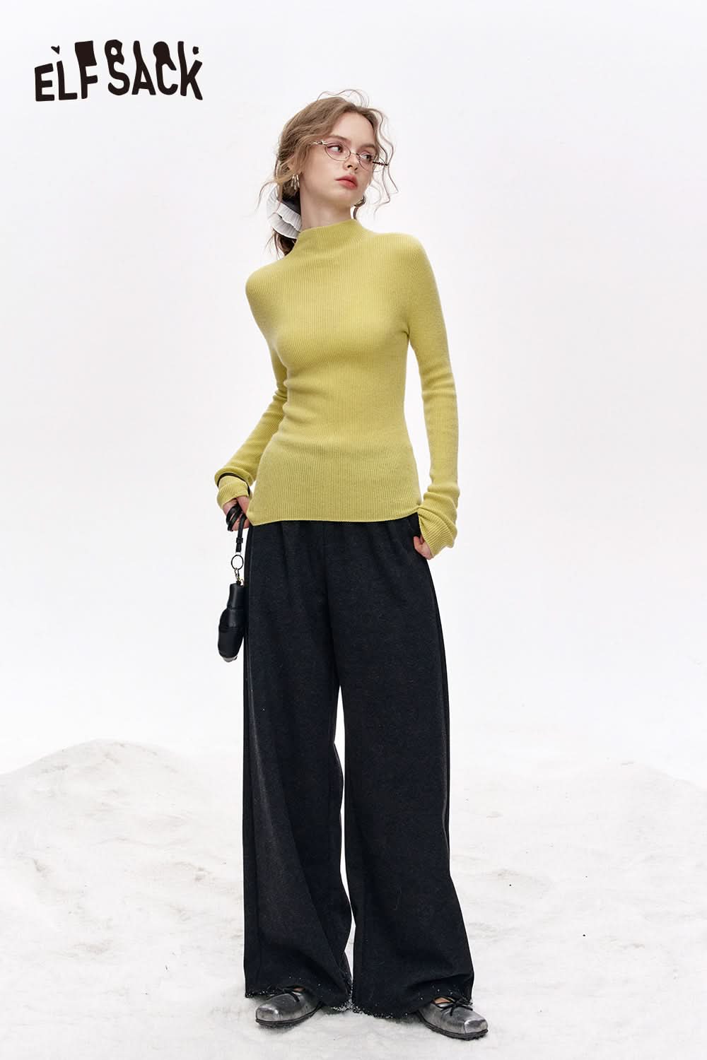 ELFSACK 100% wool half turtleneck solid color long sleeves sweater