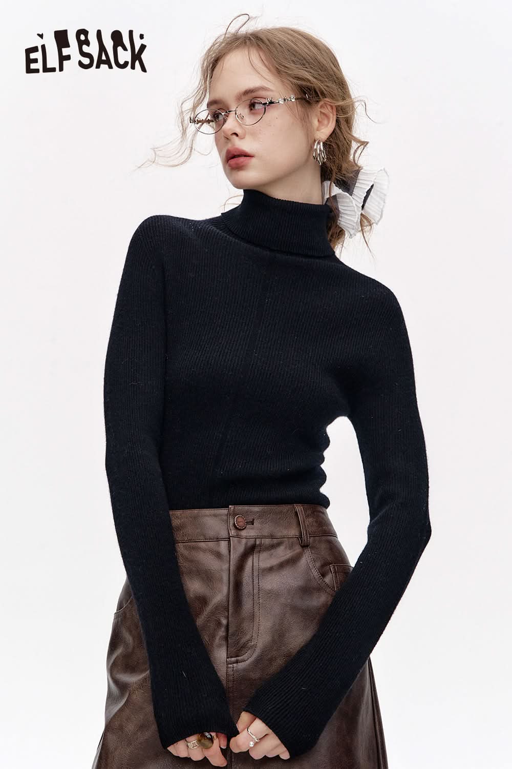 ELFSACK 100% wool high neck solid color long sleeves sweater