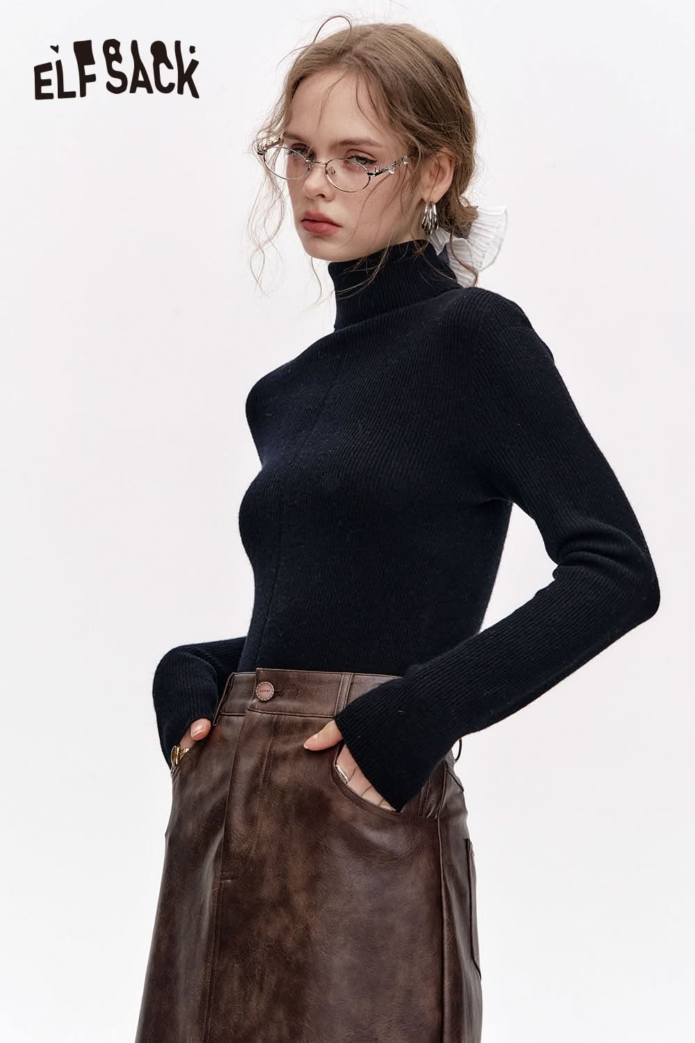 ELFSACK 100% wool high neck solid color long sleeves sweater