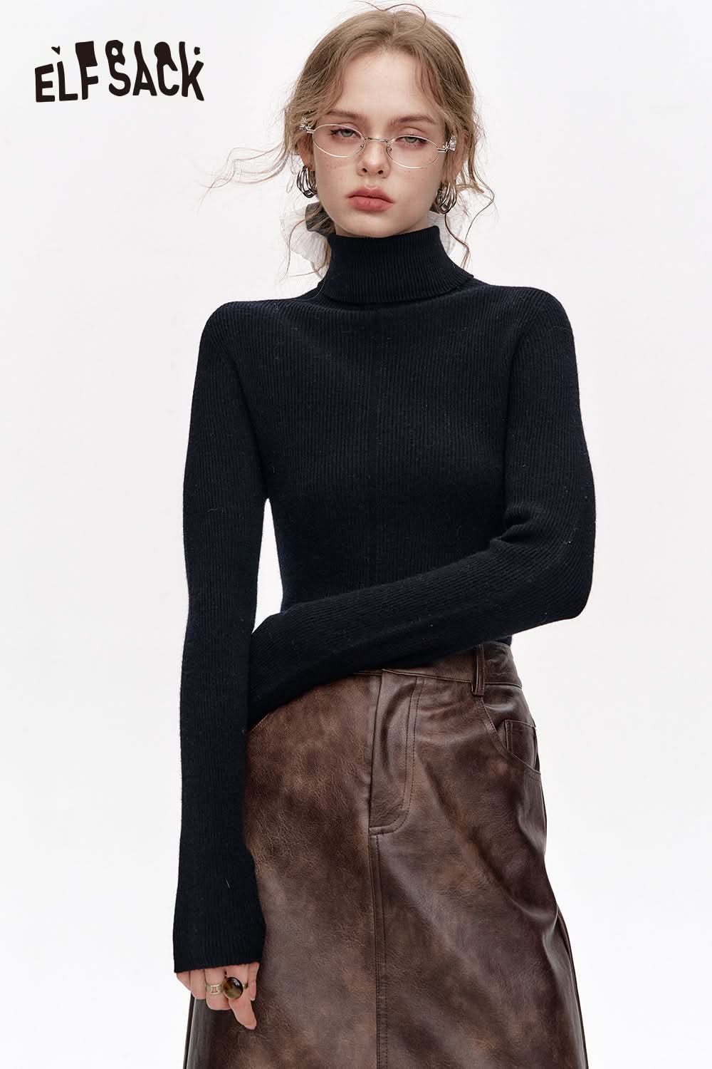 ELFSACK 100% wool high neck solid color long sleeves sweater