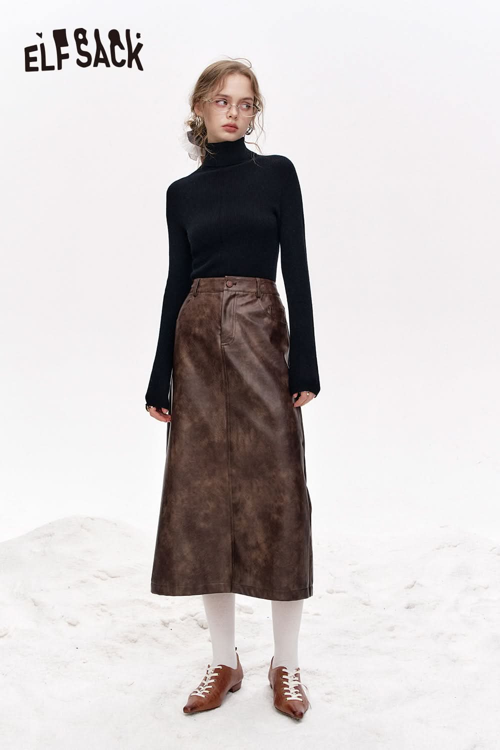 ELFSACK 100% wool high neck solid color long sleeves sweater