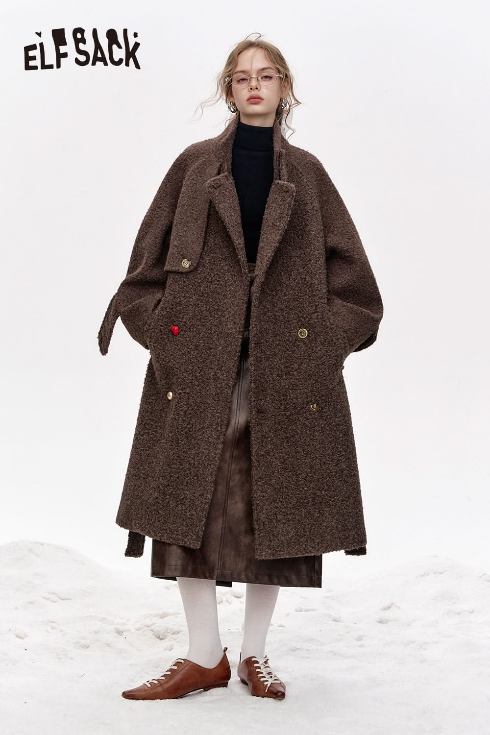 ELFSACK 100% wool high neck solid color long sleeves sweater