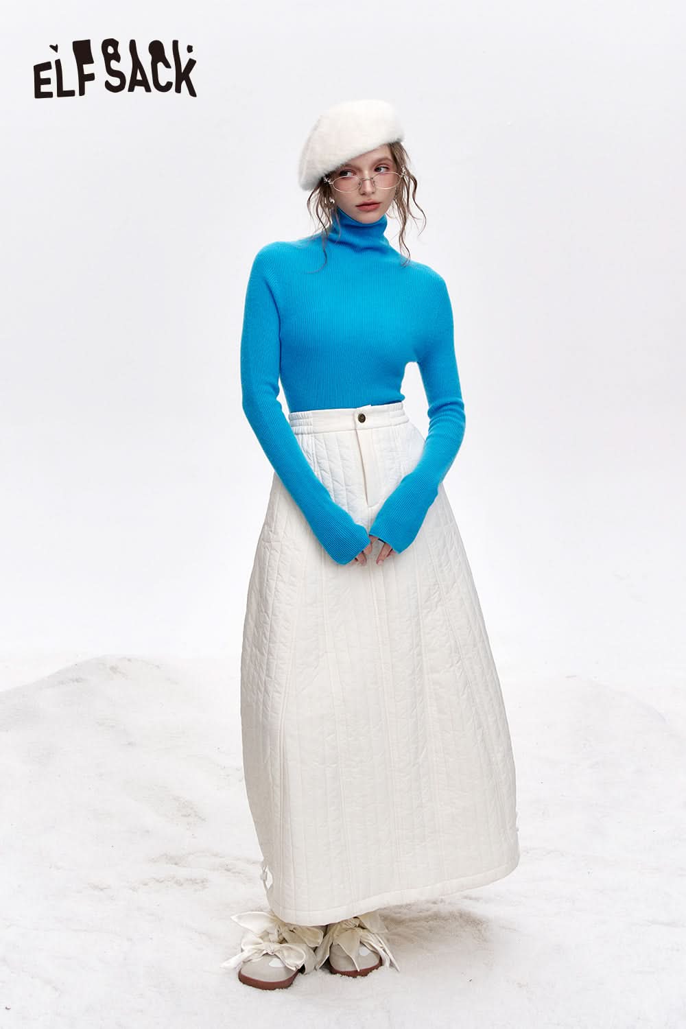 ELFSACK 100% wool high neck solid color long sleeves sweater