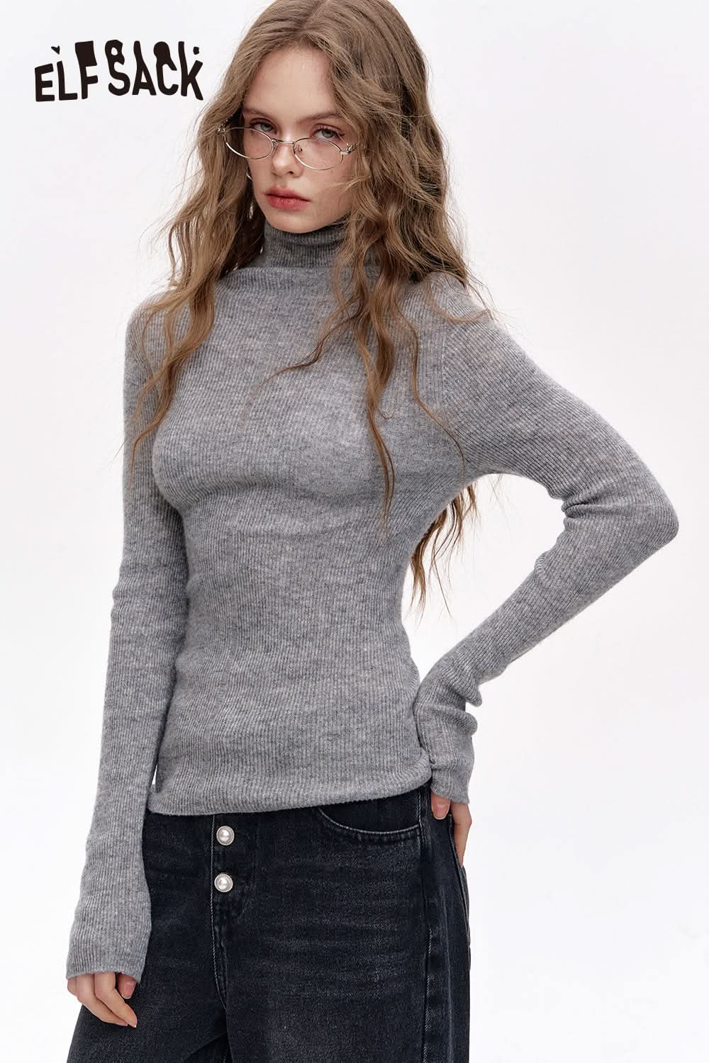 ELFSACK 100% wool high neck solid color long sleeves sweater