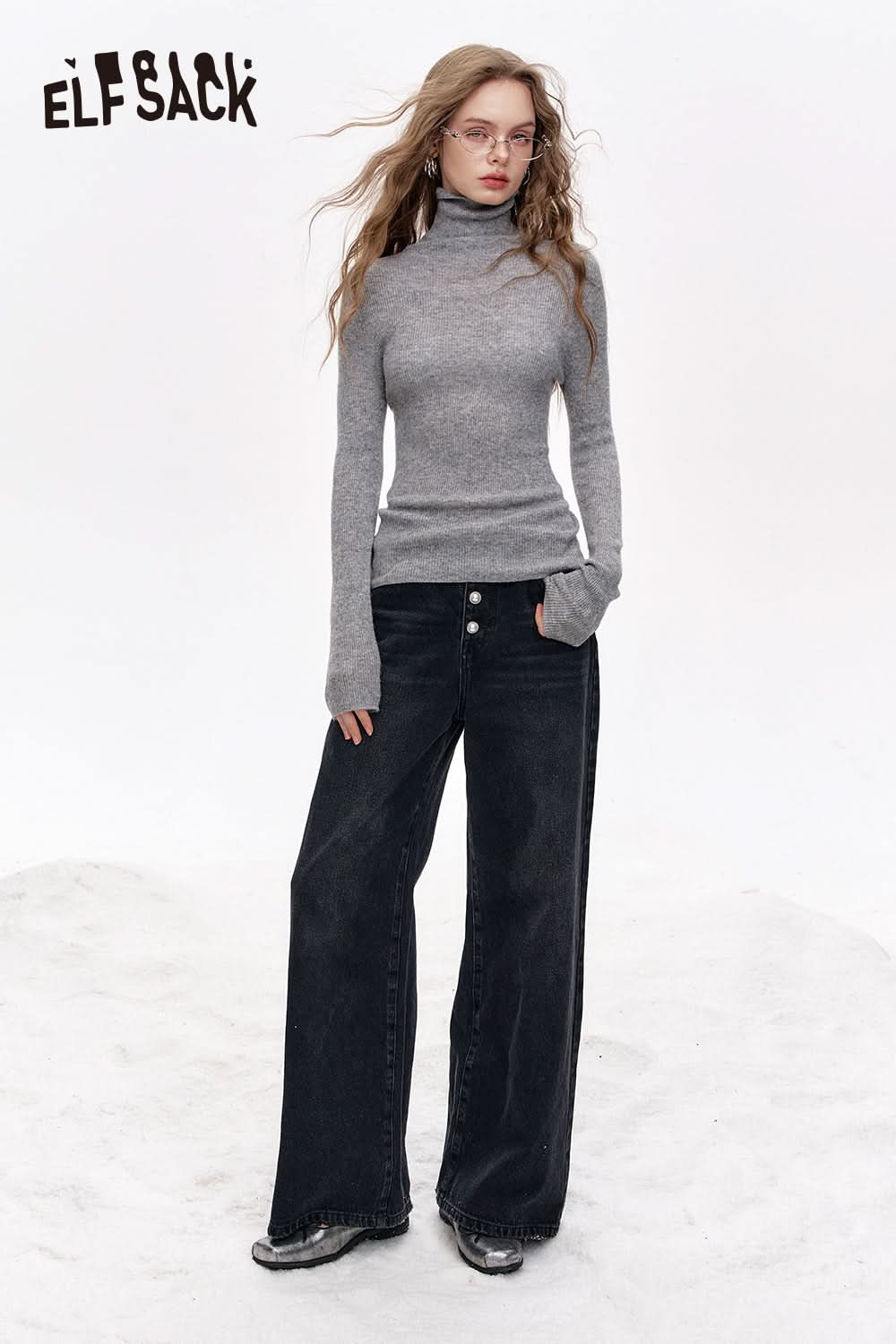 ELFSACK 100% wool high neck solid color long sleeves sweater