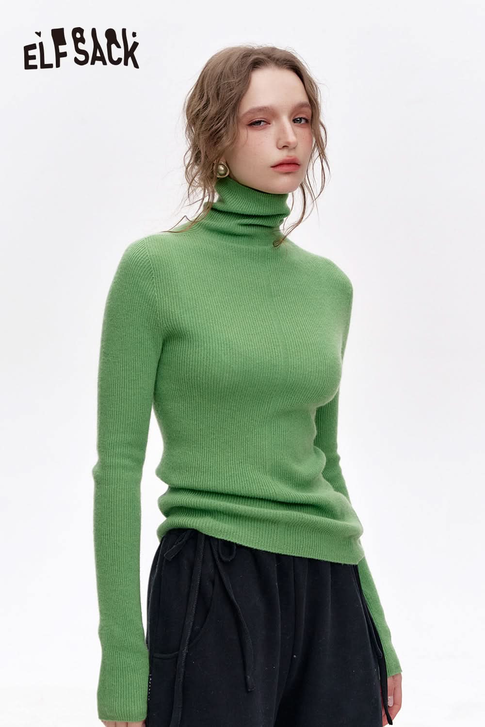 ELFSACK 100% wool high neck solid color long sleeves sweater